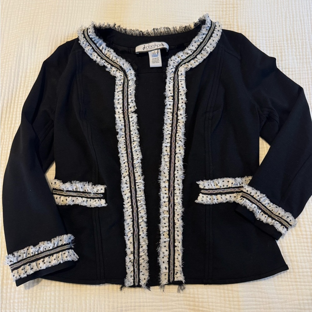 Chic Black Cardigan with White Polka Dot and Chain Trim
